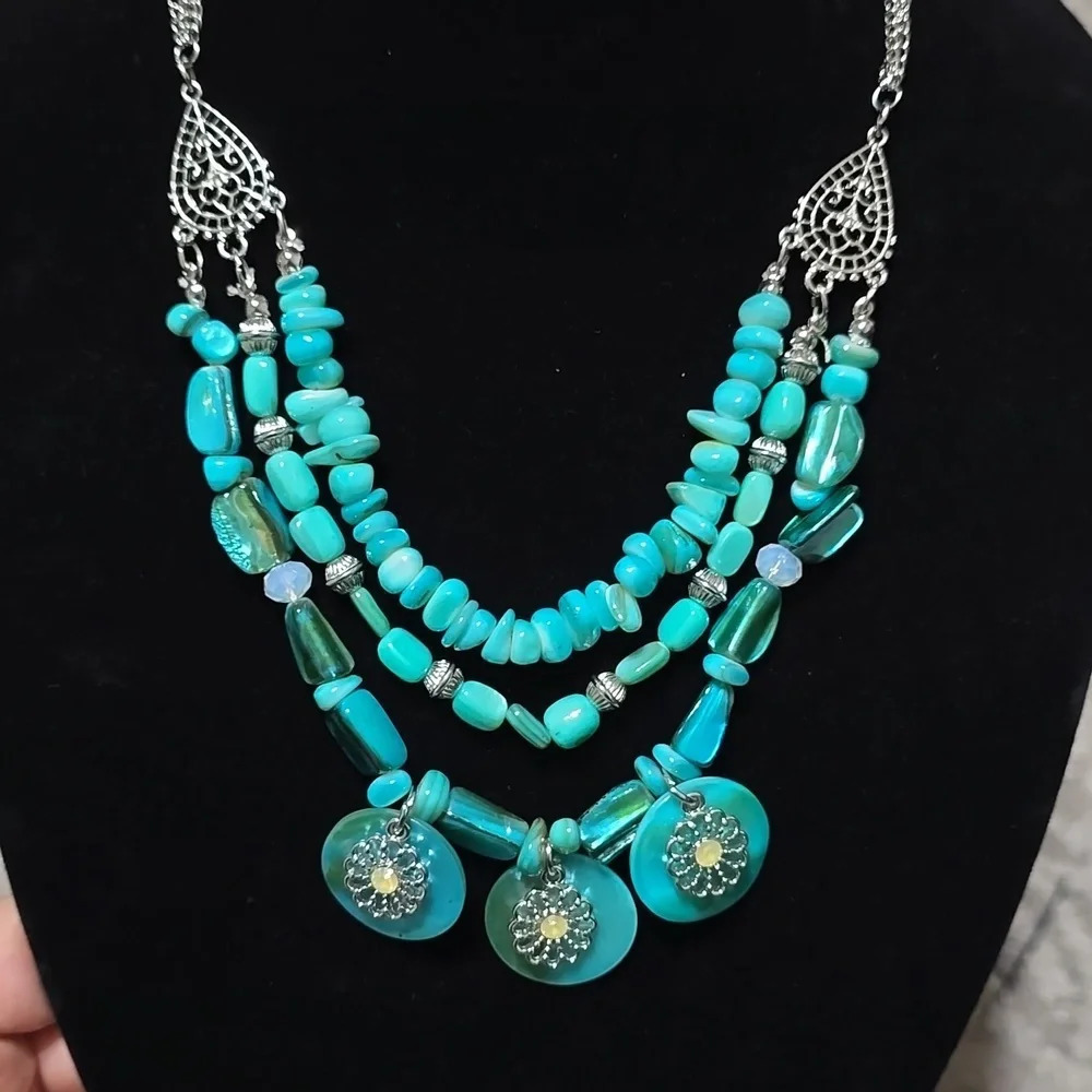 NEW Blue Turquoise Multi Strand Tiered Statement Necklace, Boho, Southwestern - Picture 7 of 12